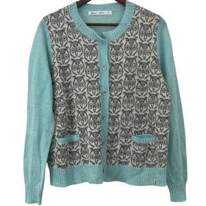 Woolrich Womens‎ Wool Mohair Blend Cardigan Sweater Large Owl Pattern Aqua Blue